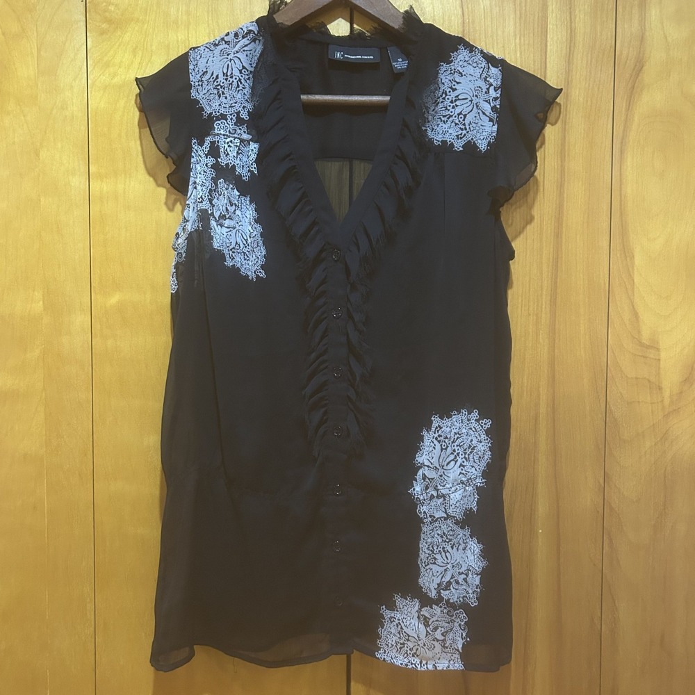 INC Y2K Blouse Womens Size 10 Black Floral Peplum Ruffle Whimsigoth Fairy Grunge